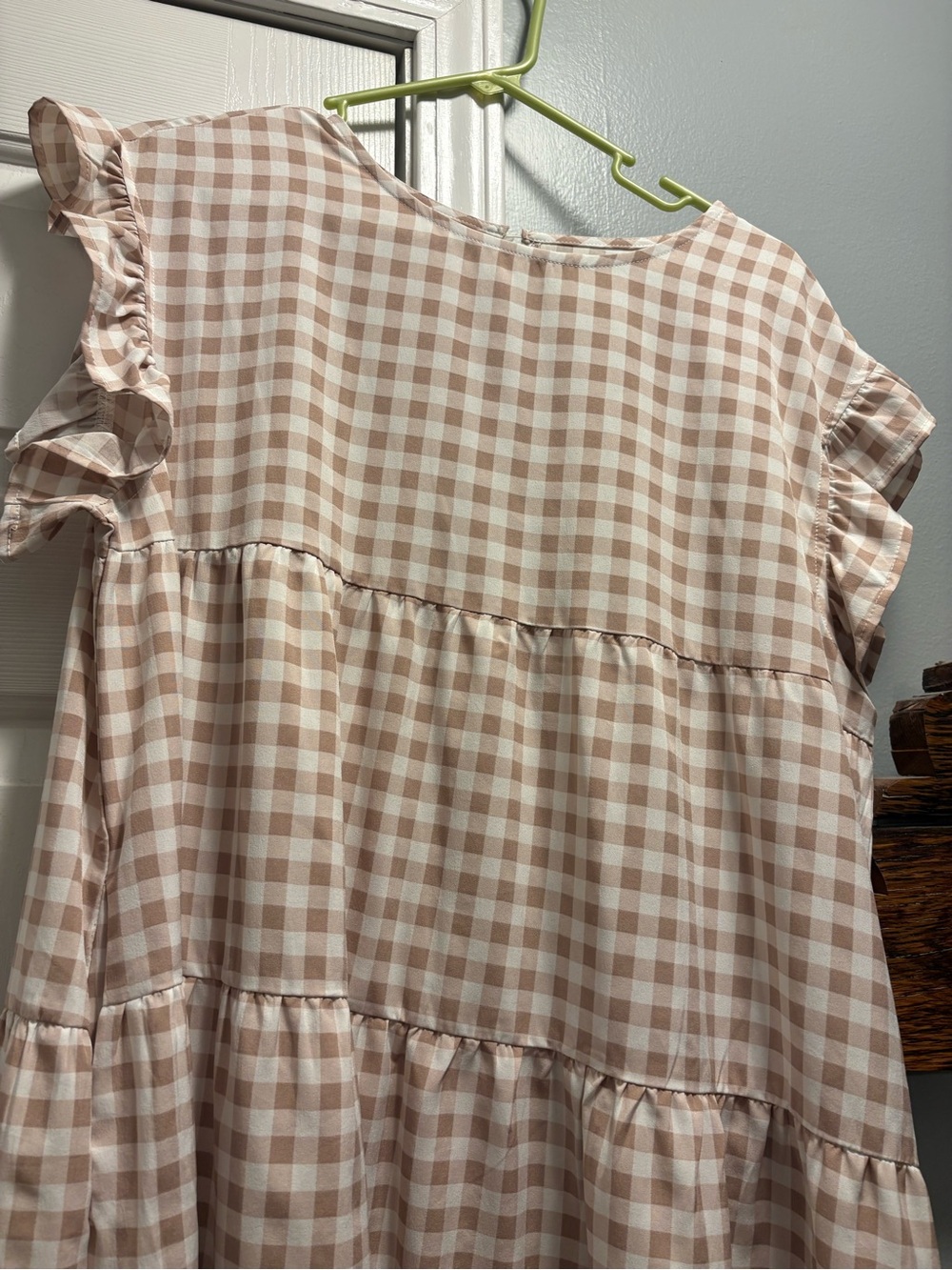 Tiered Gingham Ruffle Sleeve Dress - Cream & Tan